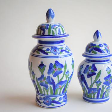 Pair of Blue White Green Lidded Ginger Jars | Ceramic Pottery Eclectic Traditional Springtime Floral Vintage Decor | Pansies Irises Easter 