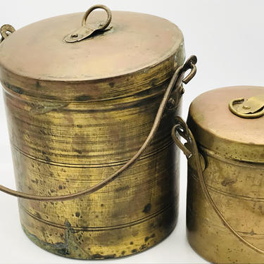 Antique pair (2) Handcrafted Brass Milk  Container With Handle, Rich Patina - India 
