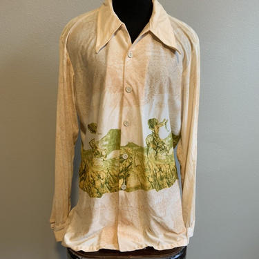 Vintage Silky Polyester Western Style Button Up Shirt Southwestern Design 