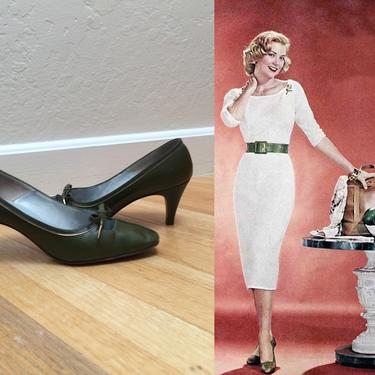 Comfortable Grace - Vintage 1960s Olive Green Leather Mary Jane Pumps Heels - 7N by RoadsLessTravelled2