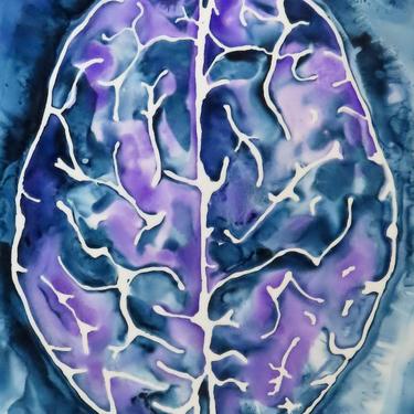 Indigo and Violet Ink Brain  -  original ink painting on yupo - neuroscience art 