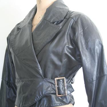 ladies 1980s black leather jacket - cropped moto jacket / Wilson's leather jacket - batwing sleeves / New Wave jacket - vintage 80s punk 