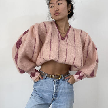 80s puff sleeve mohair sweater / vintage blush pink hand knit angora mohair puff ballon bishop sleeve fuzzy sweater | S M 