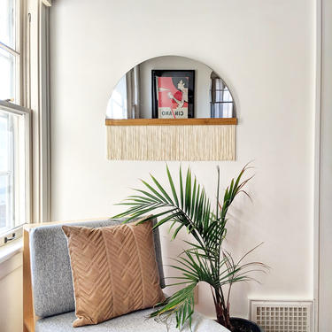 Half-Circle Fringe Mirror: &amp;quot;Aria&amp;quot; (Straight Small) WITH Wood Accent Bar-Boho Mirror, Half-Moon Mirror, Macrame Mirror, Modern Mirror 