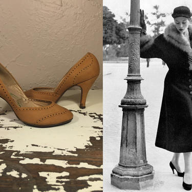 The Walk of a Siren - Vintage 1940s 1950s Peanut Butter Brown Nubuck Leather Pin Up Pumps High Heels Shoes - 7M 