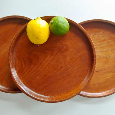 Vintage Teak Hand Carved Round Plates - Set of 3 