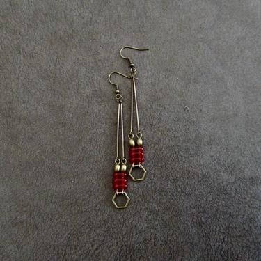 Minimalist red earrings, bronze mid century earrings, statement earrings, brutalist earrings, geometric earrings, simple dangle earrings 