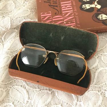Very Old Wire Frame Glasses 14KGF Steampunk Decor, Vintage 40s Eyewear with Case 