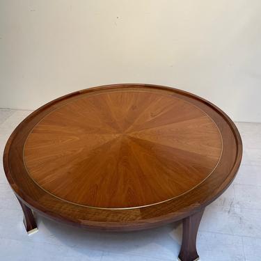 Baker Furniture Large Round Pieced Walnut Wood Coffee Table with Inlaid Brass Accents 