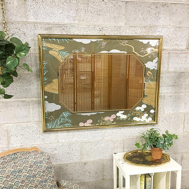 LOCAL PICKUP ONLY Vintage Wall Mirror 1986 Retro Size 32x42 Asian Floral Mirror in Gold Metal Frame Vanity by Artmaster Studio 