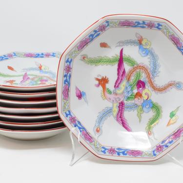 Set of 8 Vintage Ceramic Asian Chinoiserie Phoenix Bird Curved Edged Plates 