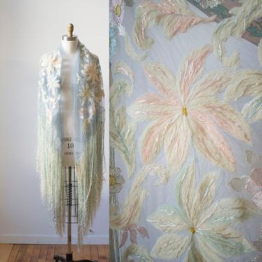 Vintage Piano Shawl / Vintage Netted Lace Piano Shawl / 20s Pale Blue Piano Shawl / Silk Floss Lace Fringed Shawl / Embroidered Floral Shawl 