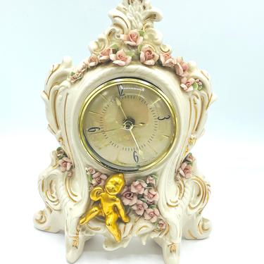 Ceramic Mantle Desk Clock Eloco applied roses and cherubs WORKS- Baroque Victorian Style-  10&quot; X 7&quot; 