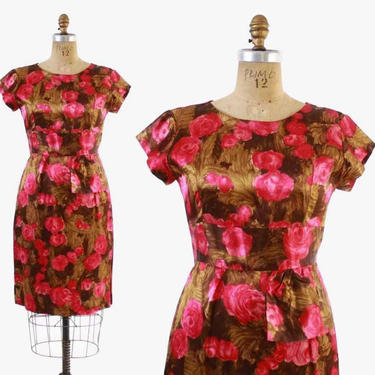 Vintage 60s DRESS / Early 1960s Satin ROSE Roses Fitted Wiggle Dress With Hip Swag M 