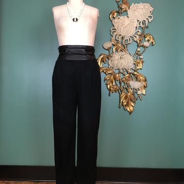 1980s suede pants, vintage pants, super high waist, tuxedo style, black leather, small medium, 27 28, vakko, ruched waist, pleated, sexy 