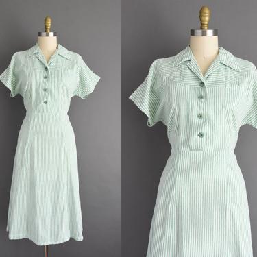 vintage 1950s dress - Size - XL - Mint green pinstriped print cotton short sleeve day dress - 50s dress 