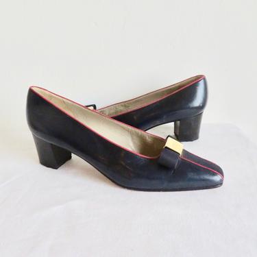 Vintage Size 39 8.5 Balenciaga Navy Blue Leather Slip On Flats Loafers Red Piping Gold Metal Trim French Designer Shoes Paris 