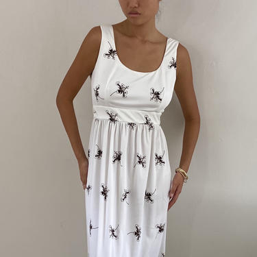 70s maxi dress / vintage white polyester knit jersey sleeveless babydoll border print floral maxi hostess dress | M 