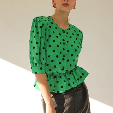 Vintage 80s CELINE PARIS Green & Black Polkadot Silk Peplum Blouse | Made in Italy | 100% Silk | 1980s French Designer, Broad Shoulder Top 