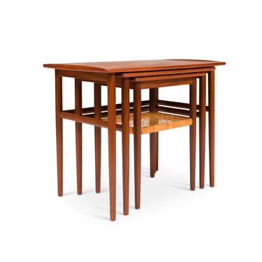 Vintage Danish Mid-Century Nested Teak Side Tables with Cane 