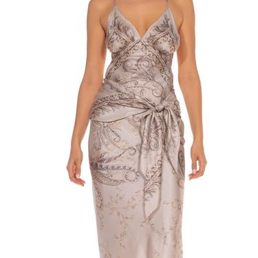 Morphew Collection Grey  Ivory Silk Sagittarius Dress Made From Vintage Scarves 