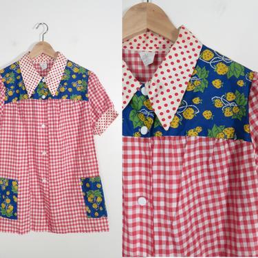 Vintage 60s Mod Gingham Polka Dot Strawberry Print House Dress Size M 