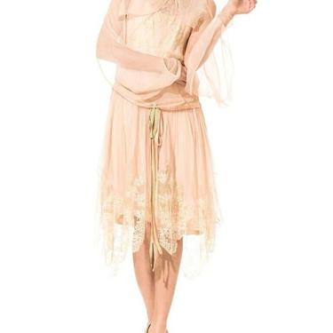 1920S Blush Pink Silk Mousseline  & Ivory Chantilly Lace Day Dress With Ribbon Belt 
