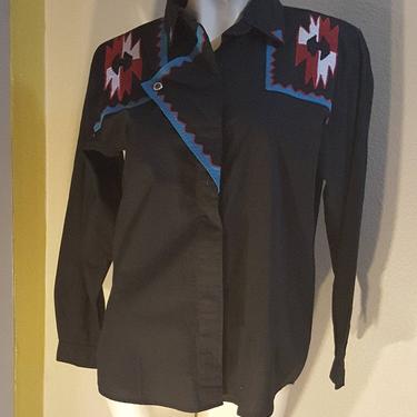 Vintage 90s Black Southwest Western Shirt Blouse Long Sleeve M 