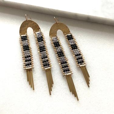 Black Spinel and Iolite Double Fringe Asymmetrical Earrings