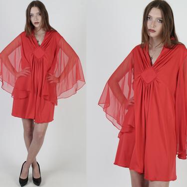 70s Mod Disco Kimono Dress / Sheer Red Chiffon Angel Sleeves / Disco Party Outfit /  Solid Diamond Bodice Detail Mini Dress 