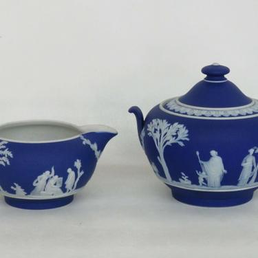 Wedgwood Blue Jasperware Greeks Vintage Milk Creamer and Sugar bowl 2442B