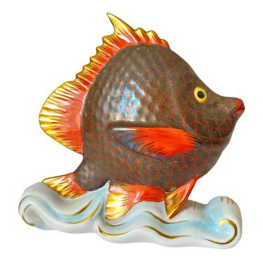 4" Herend porcelain figurine Hand painted tropical fish iridescent copper fish scales & gold accents Coastal beach tabletop decor 