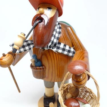 Vintage German Erzgebirge Mushroom Hunter Smoker Incense Burner, Hand Painted Wood, Man with Pipe for Christmas 