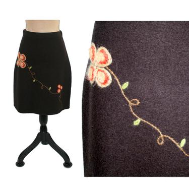 Dark Brown Floral Embroidered Wool Midi Skirt Women Small, High Waisted A Line, Fall Clothes Vintage Clothing, 90s 1990s Willi Smith Size 6 