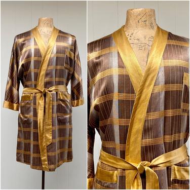 1960s Vintage Mens Satin Robe, 60s Brown Gold Geometric Pattern Flannel Lined Unisex Dressing Gown, Medium 42&amp;quot; Chest 