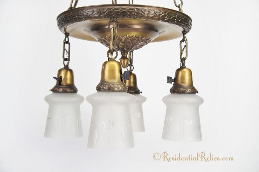 Embossed 4-light brass chandelier with engraved glass shades, circa ...