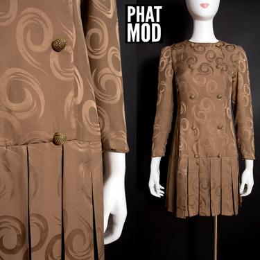 Vintage 80s Brown Swirly Pattern Shiny Silky Drop Waist Dress 