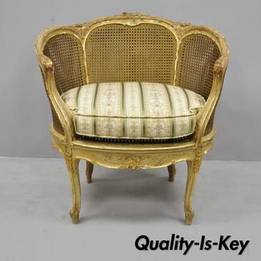 19th Century French Louis XV Style Gold Giltwood Cane Distressed Accent Chair