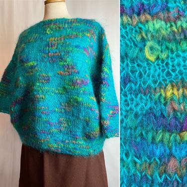 Fuzzy sweater ~mohair wooly bright colorful hairy hand made knit pullover top~ boxy oversized 70’s style size Medium-Large 