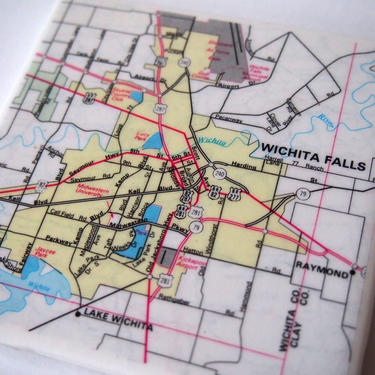 1983 Wichita Falls Texas Handmade Repurposed Vintage Map Coaster - Ceramic Tile Coaster - Repurposed 1980s City Map Atlas OOAK Coasters 