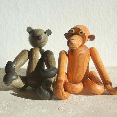 Two Mid Century Articulated / Jointed Wood Animals ~ One Bear with Wood Ears and Bead Eyes plus One Monkey w/ Leather Ears and Googly Eyes 
