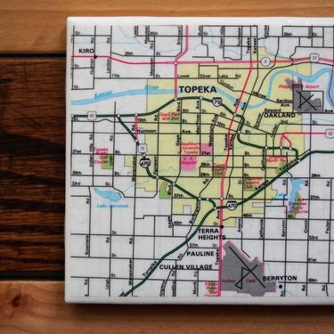 1983 Topeka Kansas Map Handmade Repurposed Vintage Map Coaster - Ceramic Tile Coaster Repurposed 1983 City Map Atlas One of a Kind Coaster 
