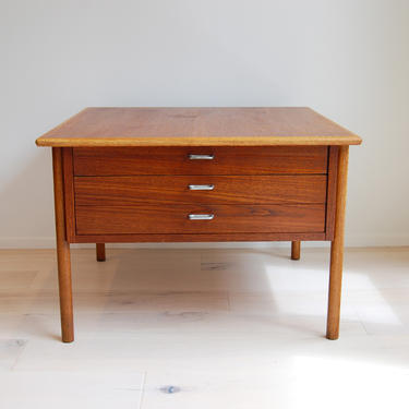 Scandinavian Modern Large Teak and Oak End Table with 3 Drawers 