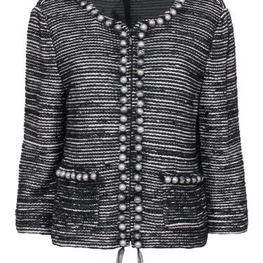 St. John - Black & White Textured Striped Zip-Up Jacket w/ Tulle & Pearl Trim Sz 10