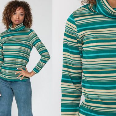 Green Turtleneck Shirt 70s Top Blue Long Sleeve Shirt Striped Shirt 1970s Funnel Neck Shirt Retro Turtle Neck Top Vintage Small s 