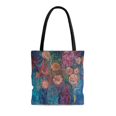 Floral Art AOP Tote Bag ~ Floral Tote Bag ~ All Over Print ~ Original Art ~ Wearable Art ~ Beach Bag 