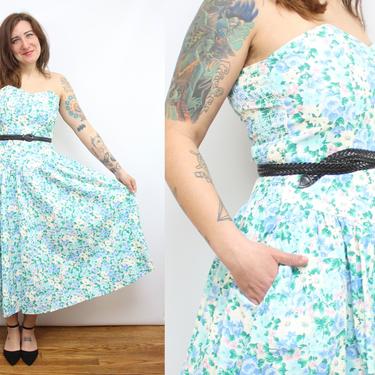 Vintage 80's Blue Spring Floral Strapless Cotton Dress / 1980's Strapless Full Skirted Dress with Pockets / Women's Size Medium Large 