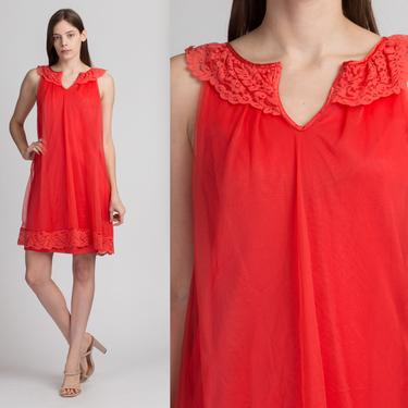 Vintage 60s Red Mini Nightie - Small | Lace Trim Sleeveless Tent Nightgown 