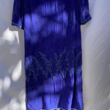 Virtual Garage Sale Dress / Cheap Vintage Clothing / Women's Blouse / Cobalt Blue Sparkle  Sequin Flapper Dress Leaf Sequins 