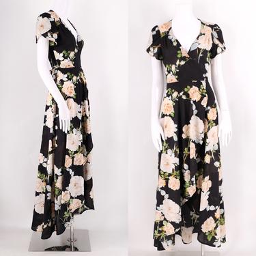 vintage 70s print wrap dress sz M / 1970s Malibu Media black floral rose poly maxi dress size medium Contempo Casuals 
